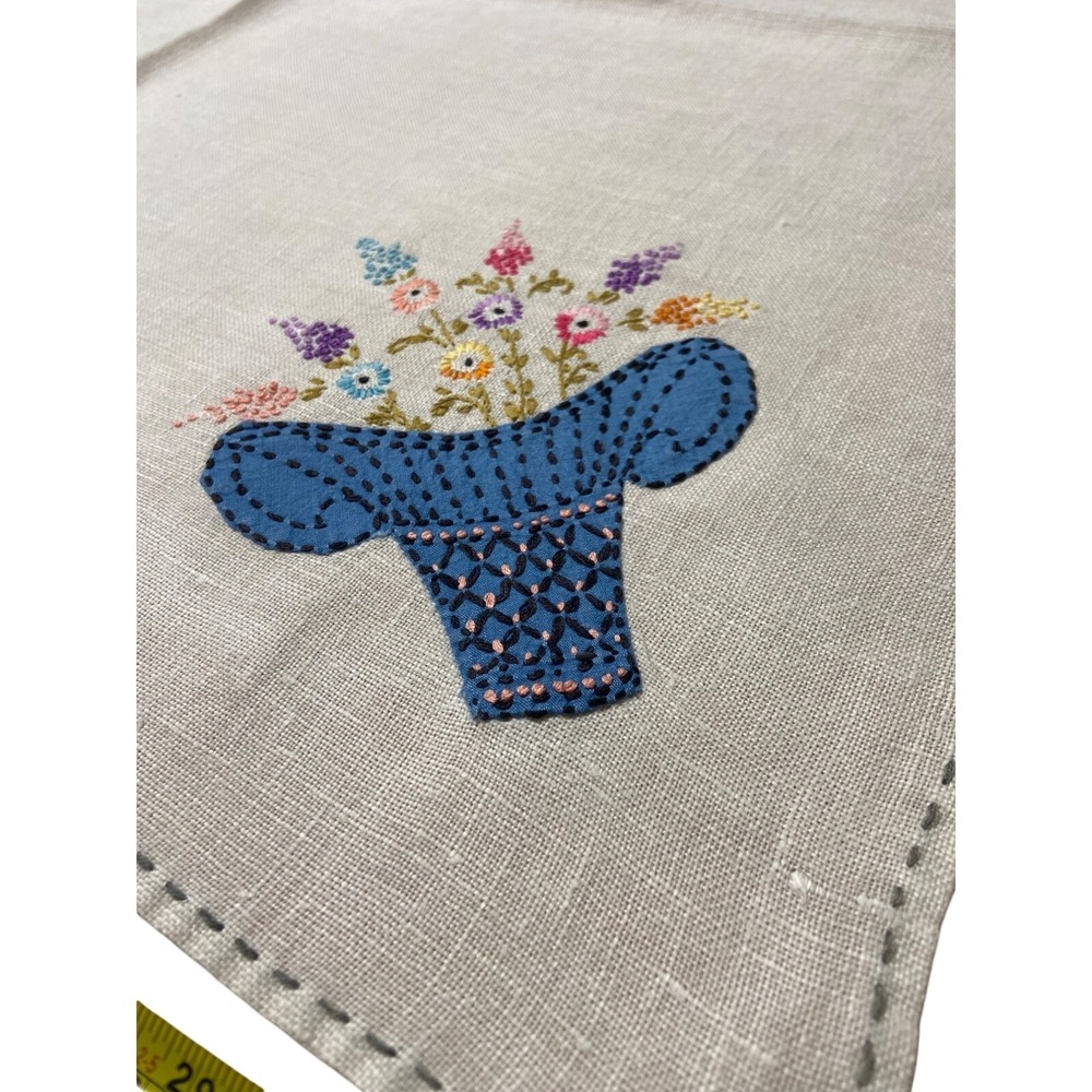 Handmade Linen Square Table Topper White Blue Basket Floral Embroidered Decor